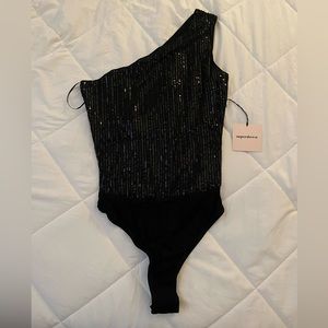 Super Down black one shoulder sequin bodysuit